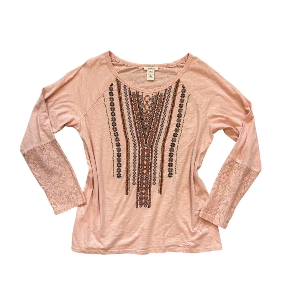 Sundance embroidered light pink longsleeve lightweight T shirt blouse cotton M - Picture 1 of 6